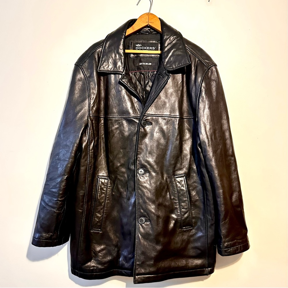 Men’s Never Worn Dockers Lambskin Leather Button Front Lined Coat Sz Large